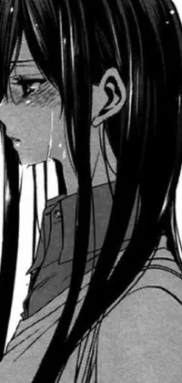 This live wallpaper features a black and white manga drawing of a woman in tears, with her long black hair pulled into a ponytail