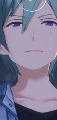 This phone live wallpaper features a stunning blue-haired character with a devastated expression