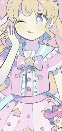 This phone live wallpaper features an adorable anime-style character wearing a charming pink dress while holding a fluffy teddy bear