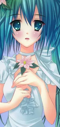 This live wallpaper features a charming anime girl with blue hair and flower headband