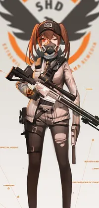 This live wallpaper features a stoic female character donning a gas mask whilst grasping a rifle