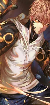 This phone live wallpaper depicts a blonde man holding a sword in a white shirt and black pants