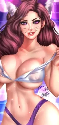 This phone live wallpaper features a digital drawing of a furry character in a bikini and cat ears