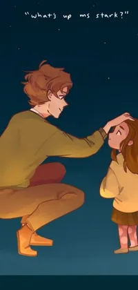 This touching phone live wallpaper features a heartwarming scene of a man kneeling down beside a little girl under a starry night sky