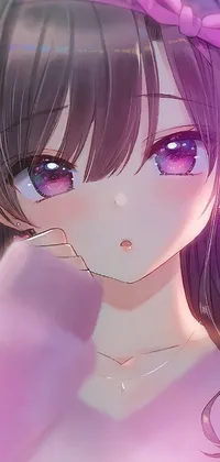 This live phone wallpaper features an anime-style close-up of a lovely girl with large brown eyes and soft purple irises
