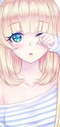 This phone live wallpaper features a stunning anime drawing of a blonde girl with blue eyes who has a cute face and a thicc figure
