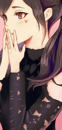 This live wallpaper for your phone features a stunning woman in a black dress with pale skin, purple eyes and black hair