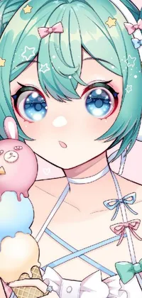 This live wallpaper displays an anime-style girl with long green hair holding an ice cream cone against a vibrant backdrop