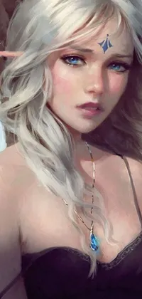 This phone live wallpaper features an enchanting woman with striking blue eyes, depicted in a beautiful fantasy art style
