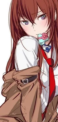 Looking for an adorable anime live wallpaper? Check out this vibrant and mischievous creation! Featuring a charming girl with long brown hair and red tie, this live wallpaper will add personality to your phone in an energetic way