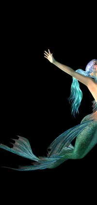 This phone live wallpaper features a stunning mermaid with blue hair leaping in the air against a black background