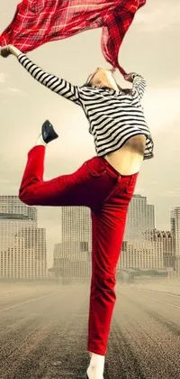 This vibrant live phone wallpaper features a woman standing on a skateboard on top of a skyscraper, set against a bright, colorized cityscape background