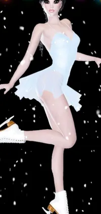 This live wallpaper depicts a woman wearing a dress and ice skates on a snowy landscape