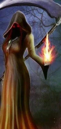 This live phone wallpaper is a stunning digital art featuring a mystical woman holding a scythe while surrounded by fire and electricity