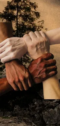 This phone live wallpaper is a beautiful and colorful image of a group of people coming together, emphasized by the close-up of their arms and hands