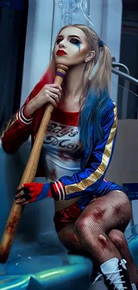 This phone live wallpaper features a captivating image of a woman on a train dressed as Harley Quinn, holding a baseball bat and staring fiercely at something off-camera
