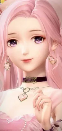 This phone live wallpaper features a pink-haired anime girl with a heart-shaped face and big expressive eyes inspired by neo-romanticism