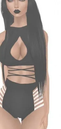 This live wallpaper portrays a digitally rendered woman with long, black hair and a slender figure, wearing a striking black outfit