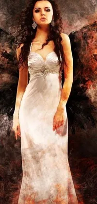 This stunning phone live wallpaper showcases a striking image of a woman wearing a flowing white dress standing in front of a roaring fire