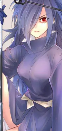 This phone live wallpaper features an up-close view of a person holding a pole, with a blue robe and katana weapon, reminiscent of the cell-shaded adult animation style