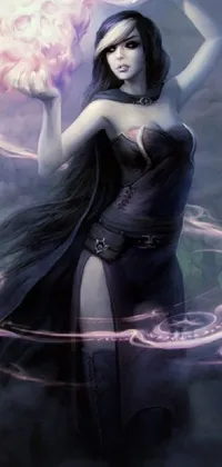 This phone live wallpaper is a mesmerizing artwork featuring a mysterious woman dressed in black holding a glowing ball as she casts a powerful and multi-colored spell