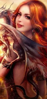This live wallpaper for your phone features a stunning red-haired woman holding a freshly hatched dragon