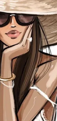 This live wallpaper features a stunningly detailed hand-drawn illustration of a beautiful brown-haired woman with a stylish hat and sunglasses