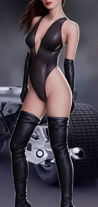 This live wallpaper features a digital art piece of a dashing catwoman standing beside a motorcycle