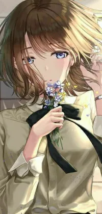 This beautiful phone live wallpaper features an anime drawing of a wistful young woman holding a bunch of flowers with brown hair flowing in the breeze and blue eyes