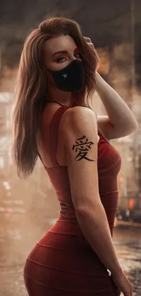 This phone live wallpaper features a mysterious woman in a red dress and a mask against an urban background