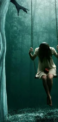 This mobile live wallpaper depicts a surrealistic woman seated on a swing in a dark forest