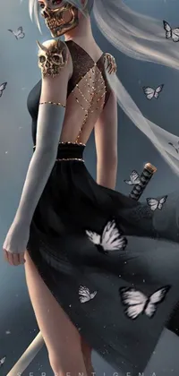 This phone live wallpaper showcases a digital art of a powerful woman in black dress holding a sword, adorned with amazing details