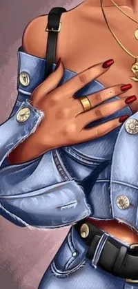 Get mesmerized by the stunning digital drawing of a woman in denim grasping two metallic rings