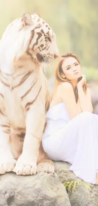 This live wallpaper features a beautiful woman seated on a rock beside a white tiger