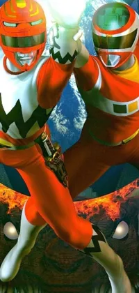 This phone live wallpaper features two men standing in red uniforms, one possibly being the Fire King