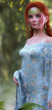This lively phone wallpaper showcases a striking red-haired woman wearing a magnificent blue dress set within an enchanting 3D-rendered landscape