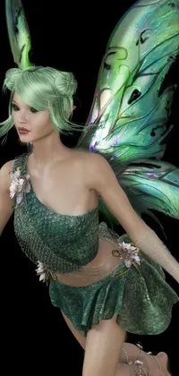 Enter a magical realm with this stunning live wallpaper for your phone! Inspired by the world of fantasy, this wallpaper features a captivating fairy dressed in a green costume, surrounded by fey dust and sparkles