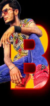 This phone live wallpaper features a man dressed in traditional Indian attire, sitting cross-legged on the letter B against a pitch-black background
