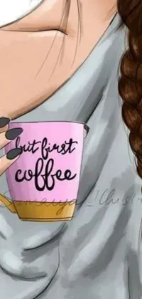 This live wallpaper features a hand-drawn illustration of a woman enjoying a steaming cup of coffee
