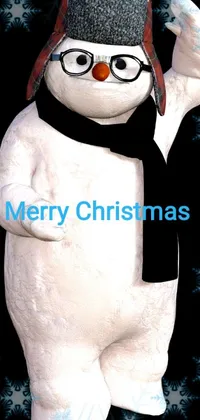 This delightful phone live wallpaper features a realistic digital rendering of a snowman wearing a hat and glasses, standing against a black background