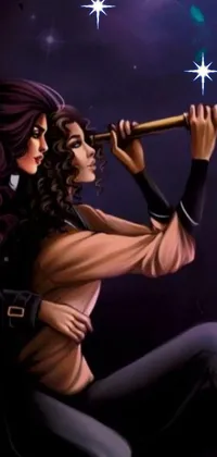 This stunning phone live wallpaper features a digital painting of a woman holding a telescope, which looks incredibly realistic