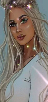 This phone live wallpaper features a breathtaking digital drawing of a stunning woman with long blonde hair