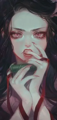 This phone live wallpaper captivates with its gothic beauty, featuring a stunning portrait of a woman holding a green apple