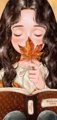 Looking for a charming and beautiful live wallpaper for your phone? Look no further than this dreamy illustration of a girl lost in a good book, complete with a colorful leaf in her mouth and a delightful autum theme