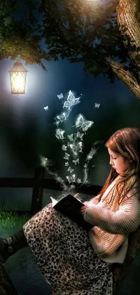 This phone live wallpaper showcases a beautifully designed digital art of a girl sitting on a tree, reading a book