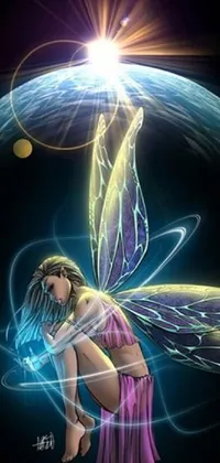 This phone live wallpaper depicts a captivating digital artwork showing a fairy sitting on a purple dress