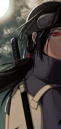 This phone live wallpaper features a fierce anime drawing of a woman holding a sword in front of a full moon