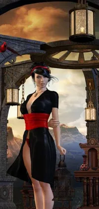The live phone wallpaper depicts a striking woman dressed in a black and red gown, carrying a sword
