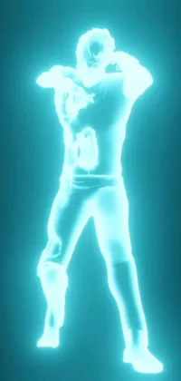 This live wallpaper features a hologram of a man standing in the dark with translucent light cyan color