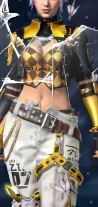 This unique and trendy phone live wallpaper showcases a female standing next to a shattered window donning golden cat armor, emanating a retro-futuristic vibe